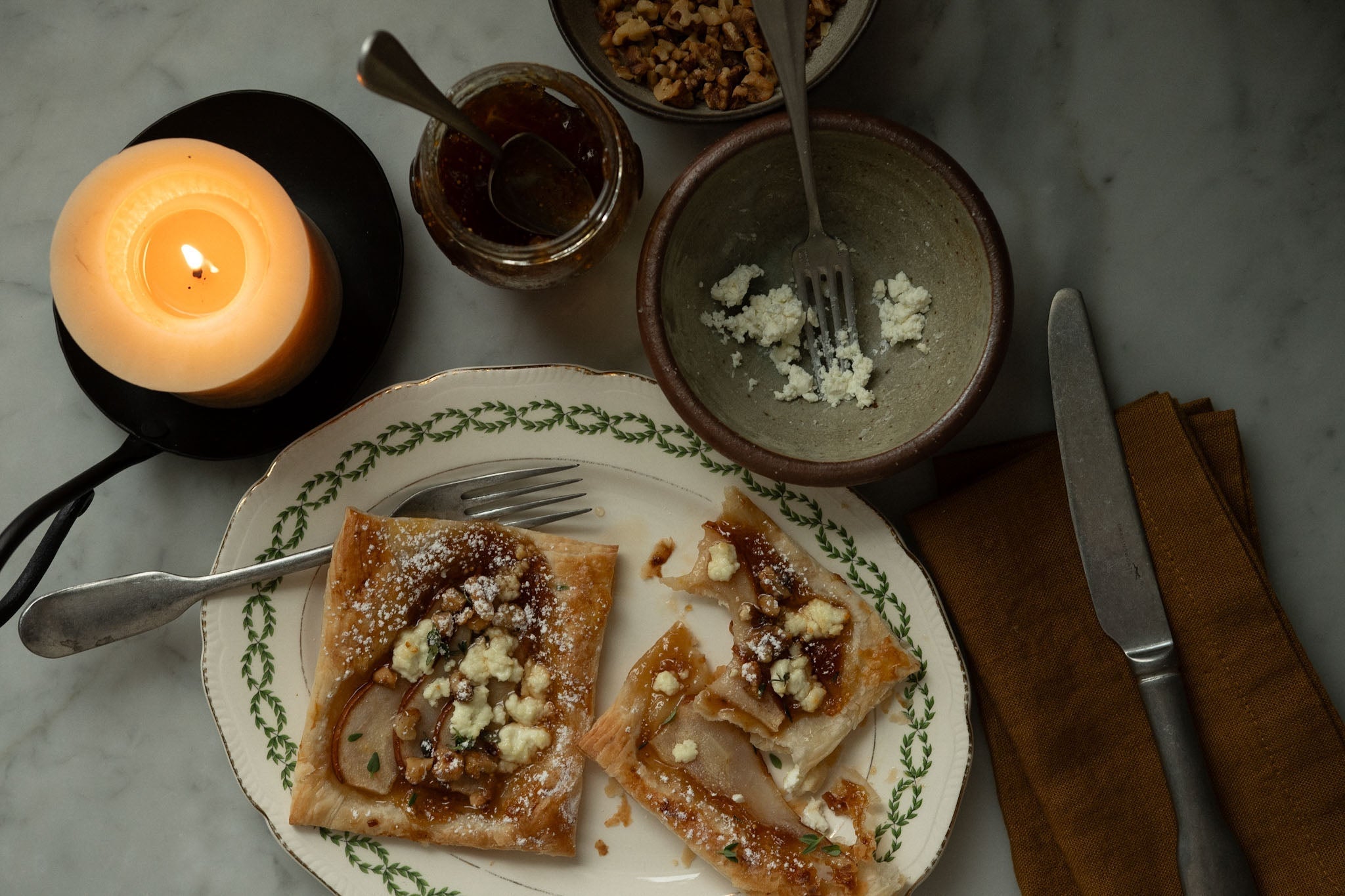 delicious pear, thyme, and goat cheese tarts