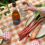 Outdoor setting with a checkered tablecloth, glasses, bottles, and food items on a table.