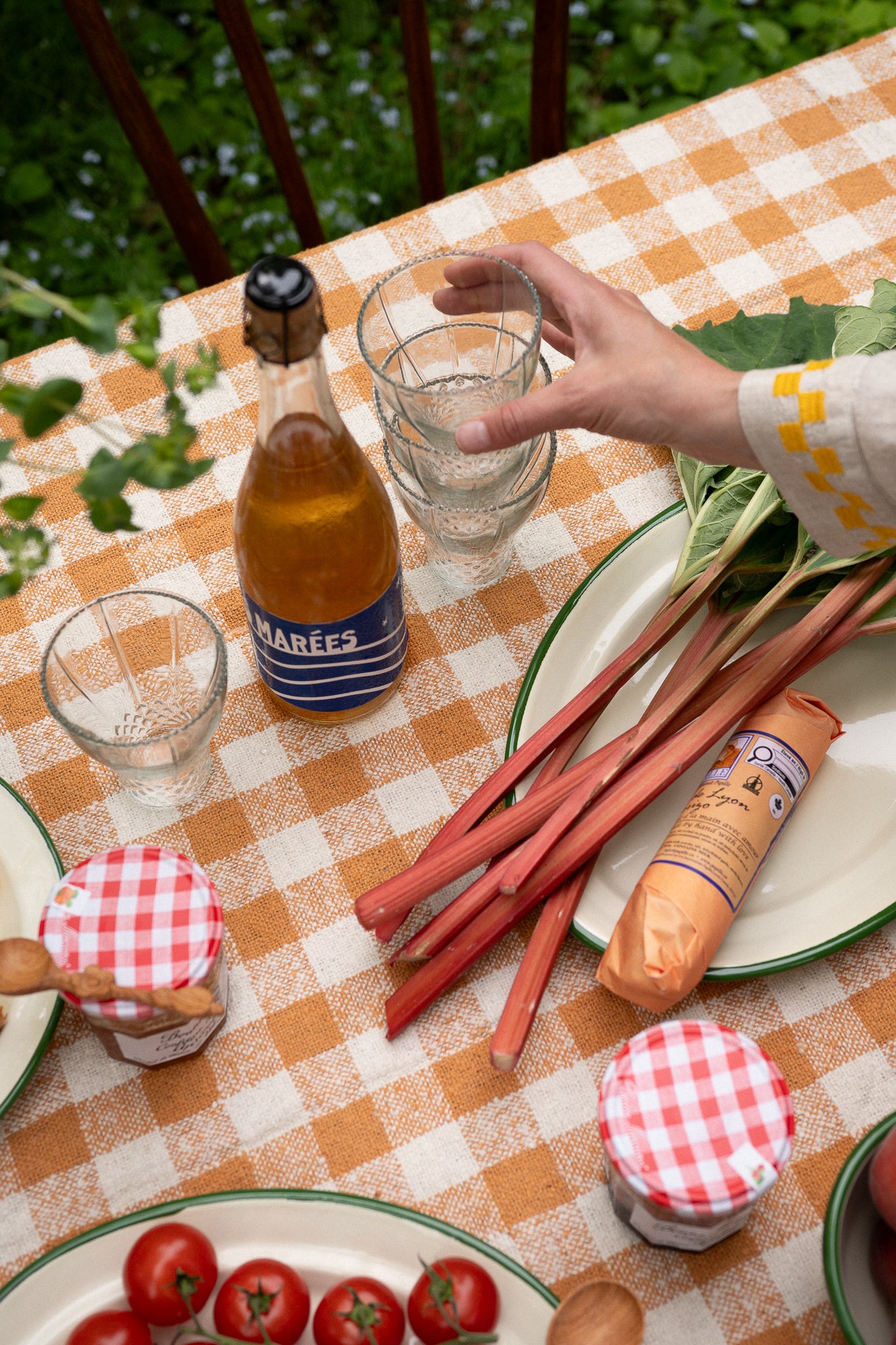 Outdoor setting with a checkered tablecloth, glasses, bottles, and food items on a table.