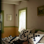 A rustic bedroom scene with a bed dressed in white bedding and black-and-white checkered pillows and quilt, set in a dimly lit room with green-trimmed walls and windows.